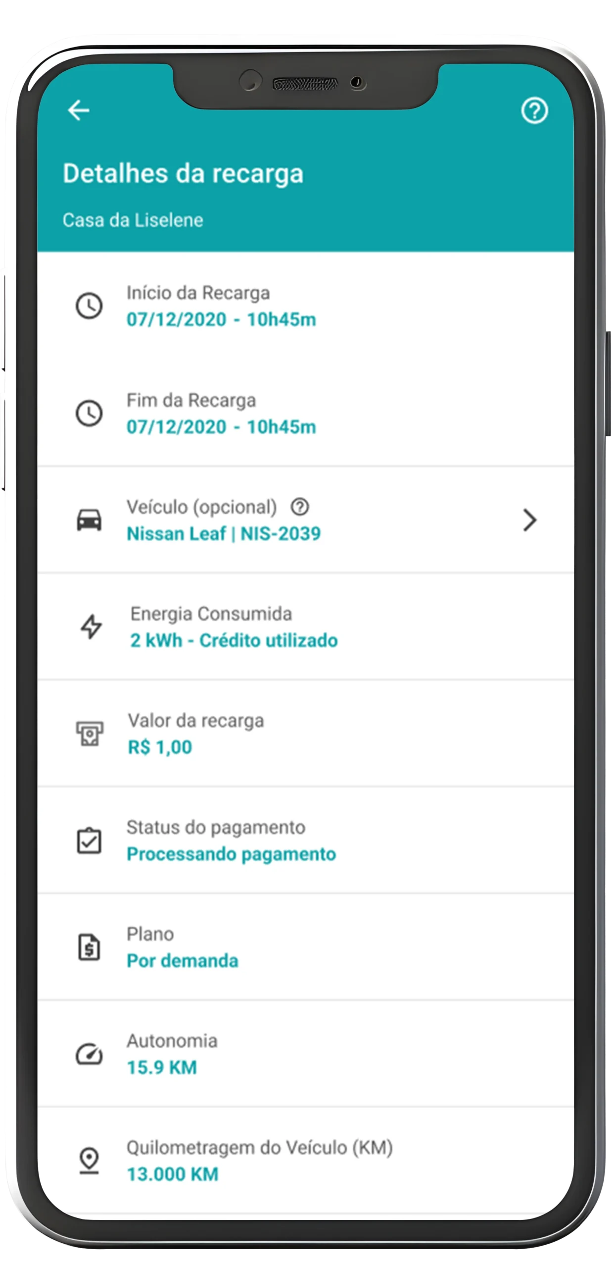 Detalhes de recarga finalizada no app Voltta