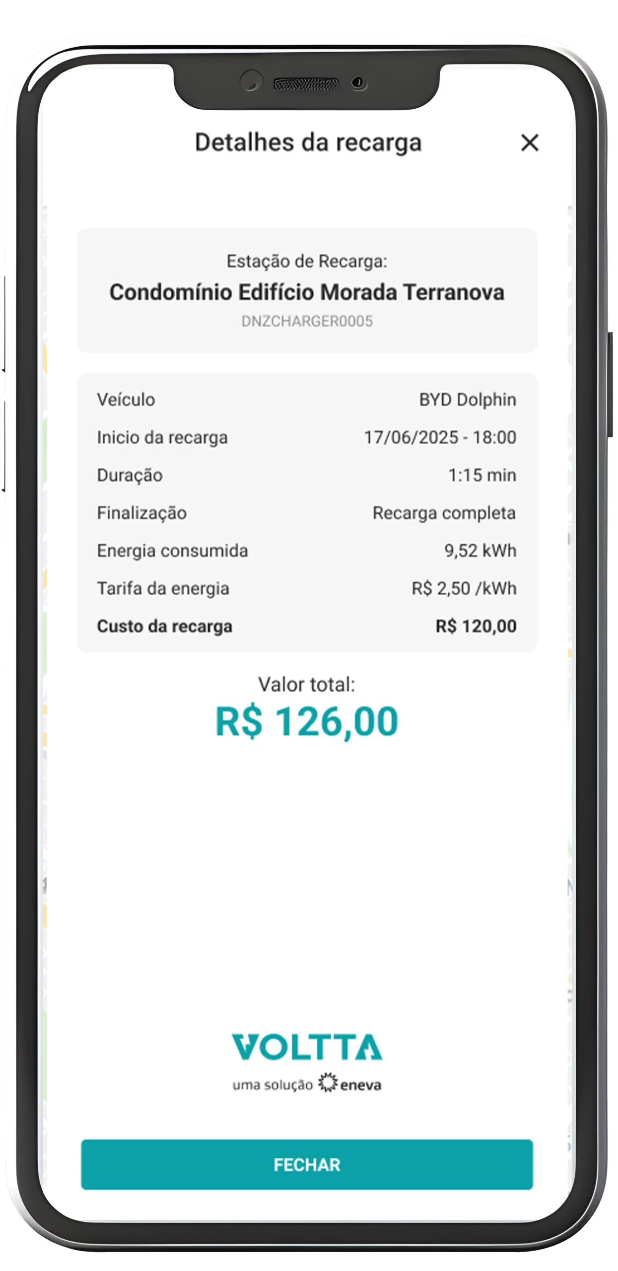 Detalhes de recarga no app Voltta