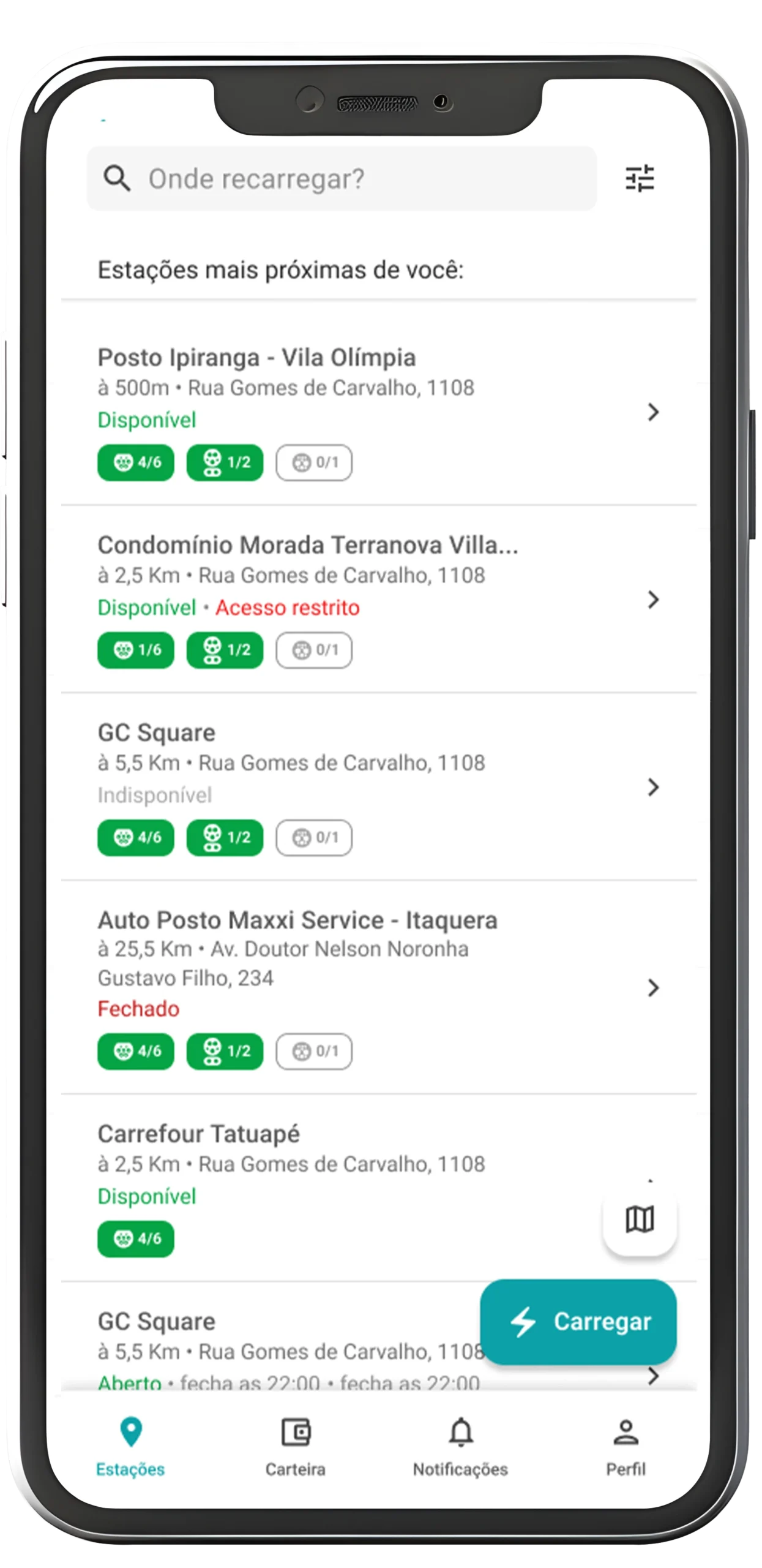 Lista de estabelecimentos com eletropostos no app Voltta