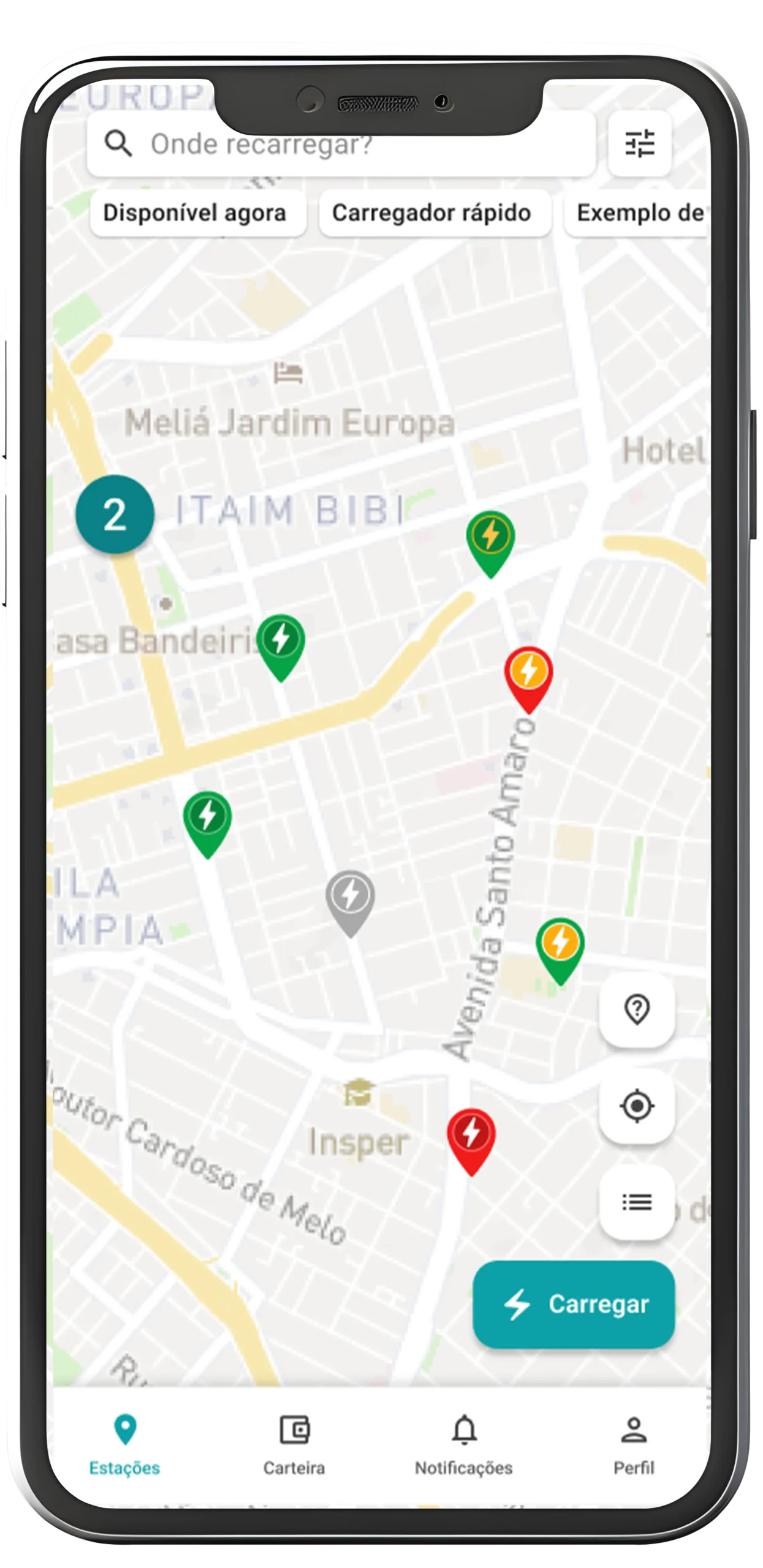 Tela de mapa de carregadores no app Voltta